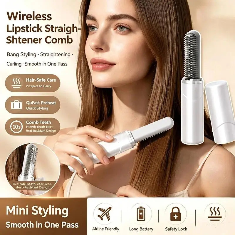 2026 NEW 1PCS Portable Wireless Hair Straightener Comb Mini Electric Hot Comb for Women Travel Straighten Curl 2 in 1 USB Charge