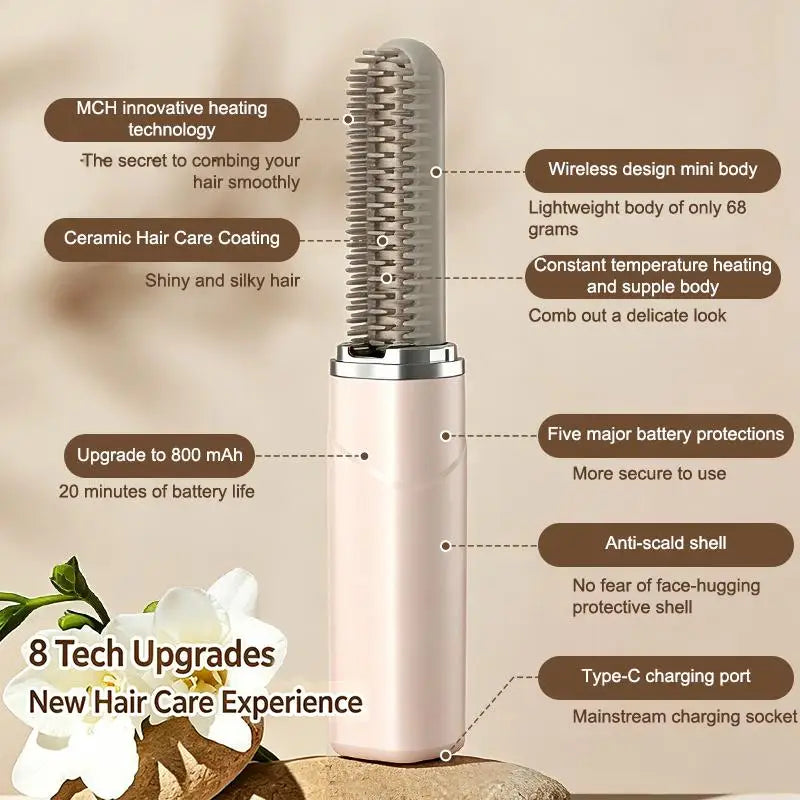 2026 NEW 1PCS Portable Wireless Hair Straightener Comb Mini Electric Hot Comb for Women Travel Straighten Curl 2 in 1 USB Charge