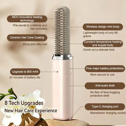2026 NEW 1PCS Portable Wireless Hair Straightener Comb Mini Electric Hot Comb for Women Travel Straighten Curl 2 in 1 USB Charge