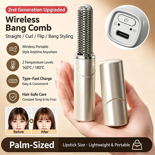 2026 NEW 1PCS Portable Wireless Hair Straightener Comb Mini Electric Hot Comb for Women Travel Straighten Curl 2 in 1 USB Charge